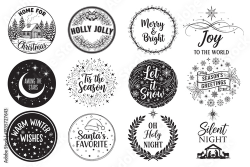 Twelve Christmas themed circular graphic designs with text holiday winter