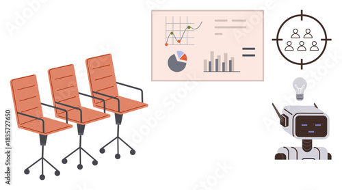 Three office chairs, a chart with graphs, AI robot with lightbulb idea, and team focus icon. Ideal for teamwork, data analysis, innovation, technology collaboration planning brainstorming. Minimal