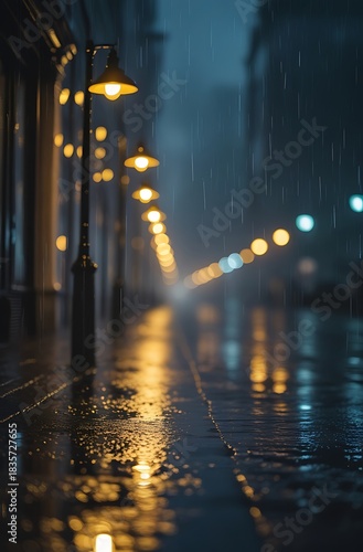A rainy night street scene with glowing streetlights reflecting on wet pavement.