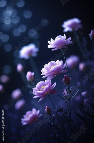 Dreamy floral scene with soft pink flowers against a dark, bokeh-filled background.