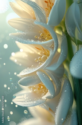 Close-up of delicate white flower petals with water droplets, soft focus, and a gentle glow.