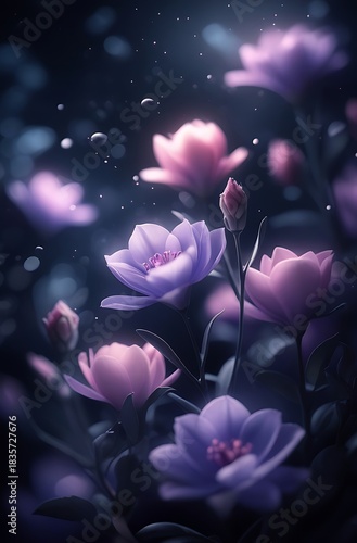 A close-up view of delicate purple and pink flowers blooming in a dark, mystical garden setting with soft bokeh lights.