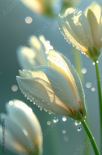 Delicate white flowers covered in sparkling morning dew drops with soft backlighting.