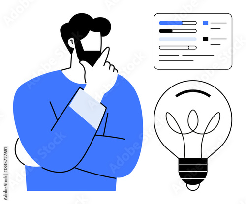 Problem-solving, innovation, data analysis, decision-making, business strategy, creative ideas. Man pondering with a lightbulb symbol and analytics chart. Innovation and data analysis concept