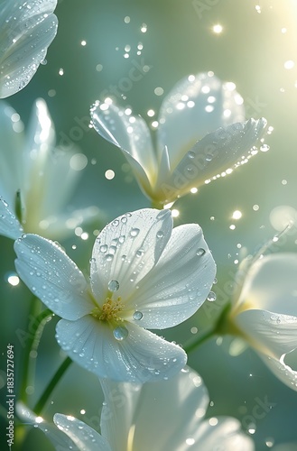 Close-up of delicate white flowers with water droplets, illuminated by soft sunlight, creating a serene and ethereal scene.