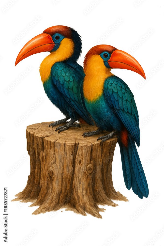 Obraz premium Pair of colorful toucans perched on a tree stump