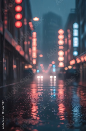 Rainy city street at night with vibrant neon reflections on wet asphalt.