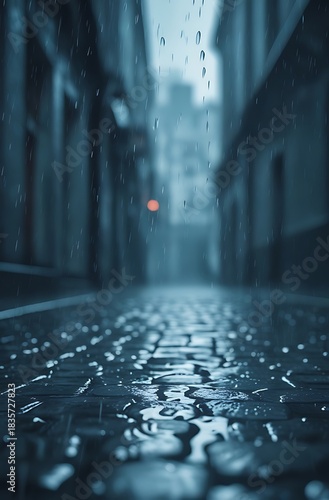 Rainy street scene with cobblestone pavement and blurred buildings.