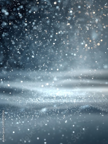 Luxury winter background in icy blue tones with soft snow falling and shimmering silver particles. Ideal for seasonal designs, holiday cards, and elegant winter promotions.