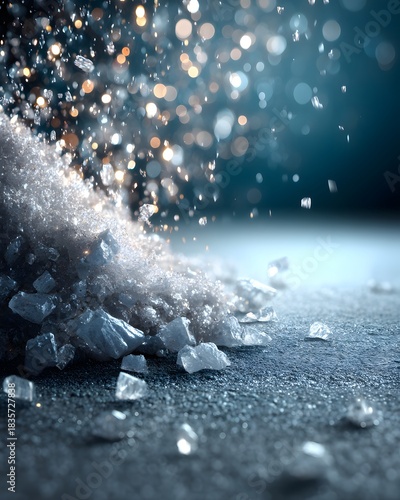 Luxury winter background in icy blue tones with soft snow falling and shimmering silver particles. Ideal for seasonal designs, holiday cards, and elegant winter promotions.