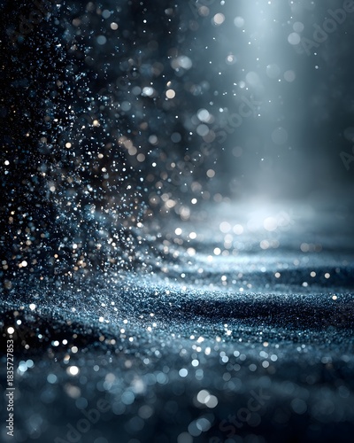 Luxury winter background in icy blue tones with soft snow falling and shimmering silver particles. Ideal for seasonal designs, holiday cards, and elegant winter promotions.