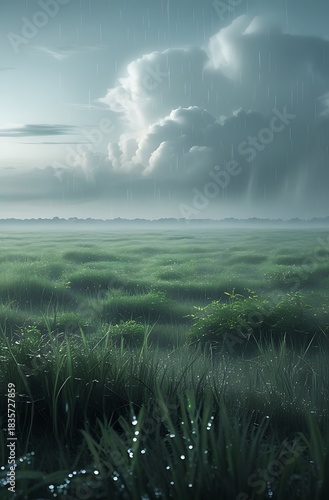 A vast green meadow under a stormy, rain-filled sky with dewdrops on the grass.