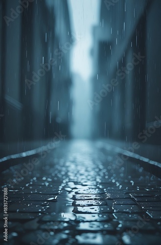 A low-angle view of a wet, cobblestone street in a narrow alleyway during a rainy day, with raindrops falling and reflections on the ground.