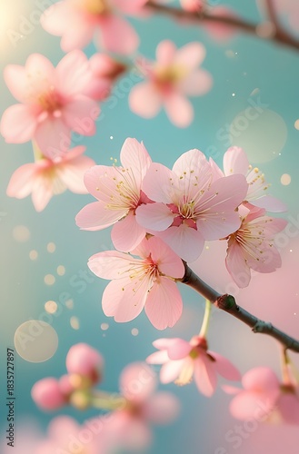 Close-up of delicate pink cherry blossoms against a soft blue background.