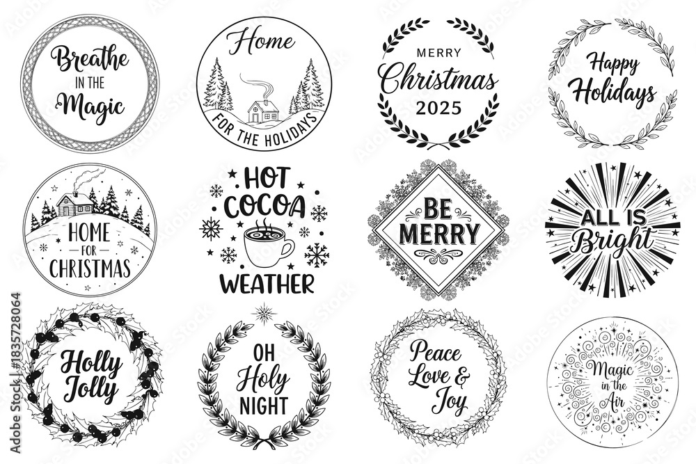 Fototapeta premium Collection of twelve black and white Christmas and holiday themed circular graphics