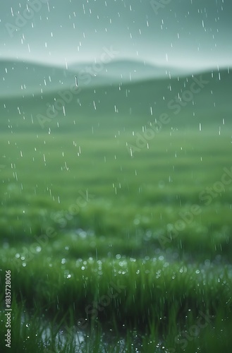 Rain falling over a lush green field with rolling hills in the misty background.