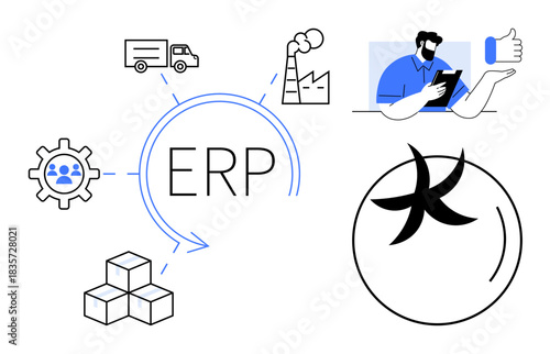 Business operations, system management, logistics planning, production process, teamwork, efficiency enhancement. Visual includes ERP text, production icons truck person with tablet. Business