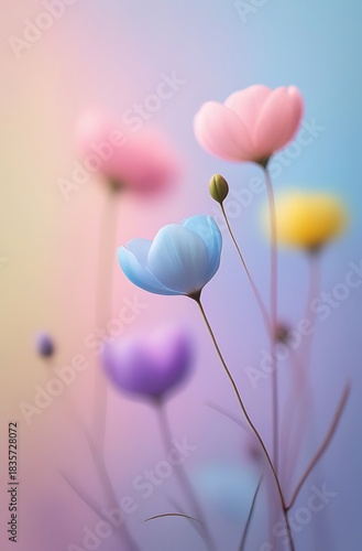 Ethereal macro shot of delicate pastel-colored flowers blooming against a soft, blurred background.