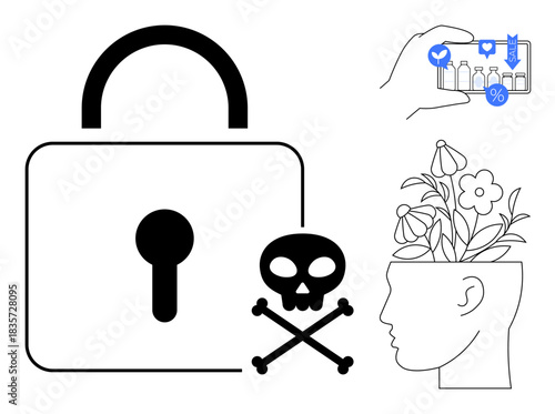 Large padlock with skull and crossbones, hand holding smartphone showcasing shopping app, human head sprouting flowers. Ideal for security, online safety, mindfulness, growth, awareness, technology