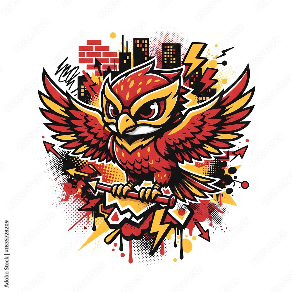 Obraz premium Fierce red and yellow owl with outstretched wings perched on a branch against a cityscape