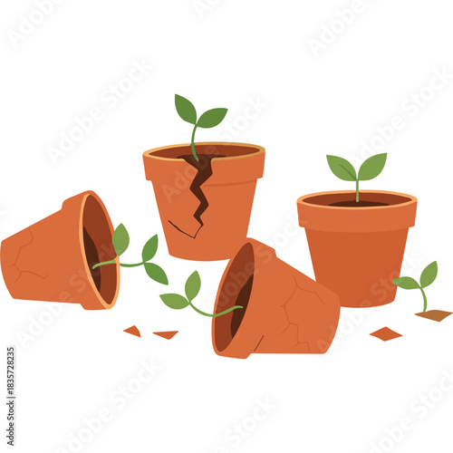 Broken Terracotta Pots with Small Green Sprouts Growing in Soil Symbolizing New Beginnings and Resilience Against Adversity
