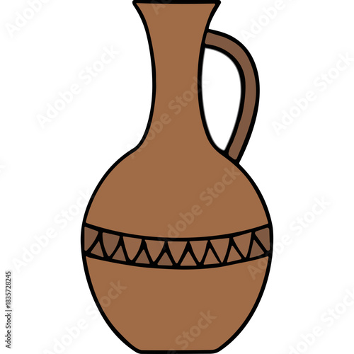 Brown Ceramic Amphora With Geometric Pattern and Handle Isolated on Black Background