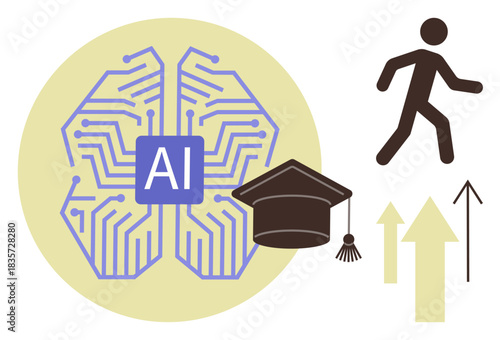 AI circuit with AI label, graduation cap, walking figure, and upward arrows signify education, progress, innovation, and personal development. Ideal for tech, learning growth success career