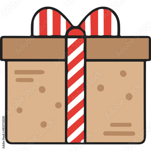 Brown Gift Box With Red and White Striped Ribbon and Bow Festive Holiday Celebration Surprise Present Box With Light Brown Paper and Small Speckles