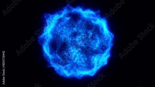 Vibrating splash of small electric blue glowing particles in shape of sci-fi sphere on black backdrop. Abstract hi-tech galaxy sci-fi background 4K. Bundle of energy pulsation. Space futuristic design