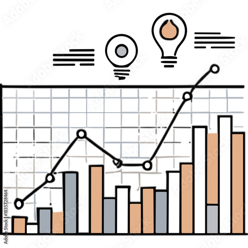 Business growth chart illustration with rising bars and line graph showing positive trends and financial success on a dark background with light bulb icon symbolizing ideas and innovation.