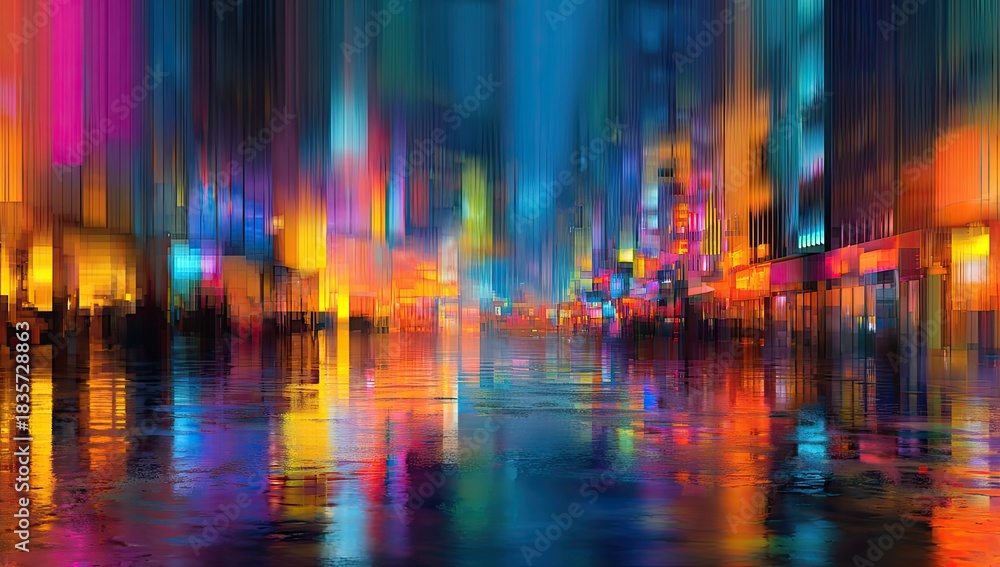 Naklejka premium Impressionistic city street scene with vibrant, blurred neon lights reflecting on wet pavement