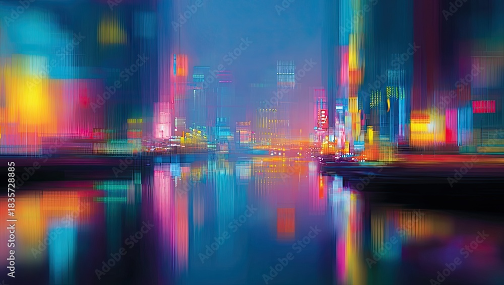 Obraz premium Abstract cityscape with vibrant, blurred neon lights reflecting on water