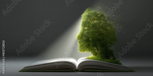 Open book with a tree forming a human profile emerging from pages