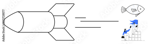 Creativity, innovation, surrealism, work ethic, productivity, transportation. Features a rocket, a fish in flight and a worker hammering on boxes. Creativity and innovation concept