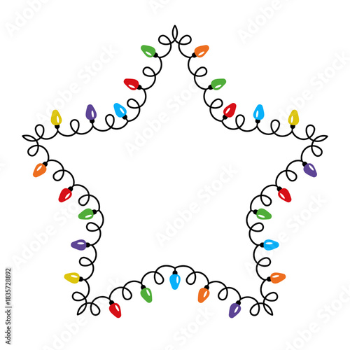 Star shaped Christmas lights frame with empty space. New Years vector design of colorful lightbulb garland. Decorative holiday element for greetings cards, invitations, banners, posters