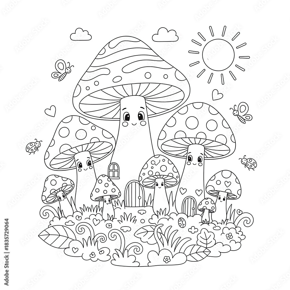 Naklejka premium Mushroom family with doors and windows in a garden with bugs and butterflies