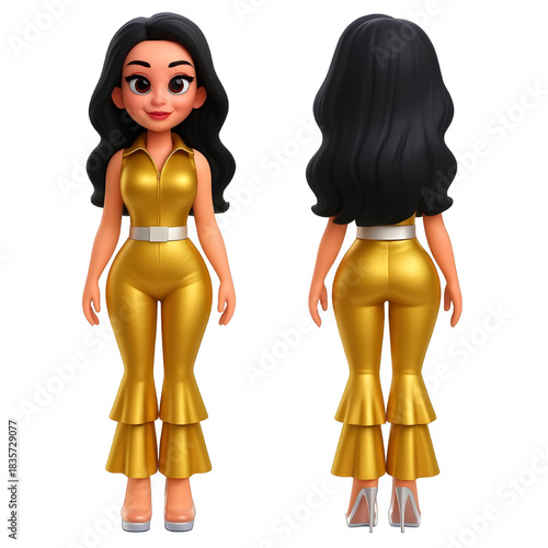 Girl Wearing Gold Jumpsuit With Wide Pants And Front And Back View