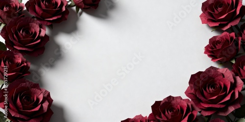 Elegant deep red roses frame a bright white space perfect for valentine's day messages, romantic notes, or graceful wedding invitations