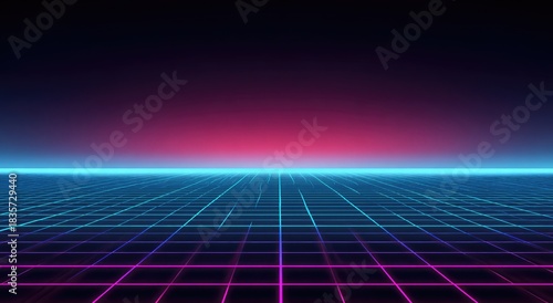 Neon grid receding into a glowing gradient horizon under darkness