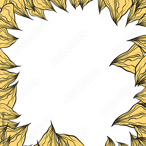 Hand drawn plants, dividers, wreaths, border frames. Circle floral frame with leaves on white background. Vector hand drawn illustration for wallpaper, posters, card. Copy space. Doodle style.