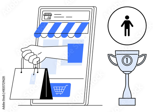 E-commerce concept. E-commerce through a smartphone storefront, shopping bag, and trophy achievement. E-commerce for online retail, marketing, user experience, business growth, and sales success