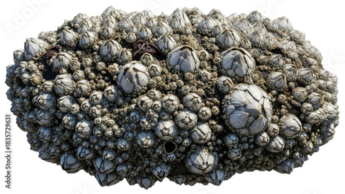 Close-up view of a cluster of barnacles attached to a rock surface, showing intricate details.