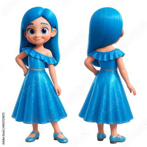 Blue Haired Girl Wearing Shiny Blue Dress Showing The Character From The Front And Back