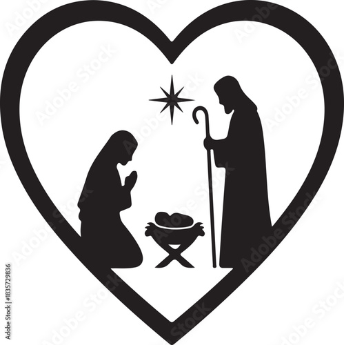 Black Silhouette Nativity Scene Inside Heart Shape Outline christmas jesus