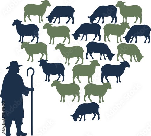 Shepherd with flock of sheep forming a heart shape on white background vector illustration