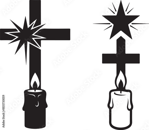 Silhouette Christian Cross with Candle and Star on White Background Keywords: cross, christianity