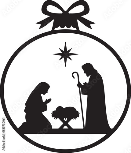 Silhouette Christmas Ornament Nativity Scene with Star and Bow Keywords: christmas, ornament, nativity