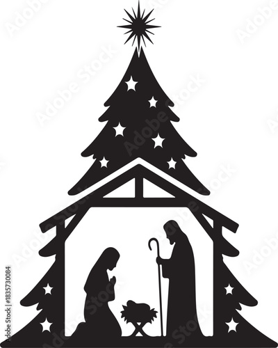 Silhouette Nativity Scene within a Christmas Tree Structure Keywords: christmas, nativity, scene, jesus