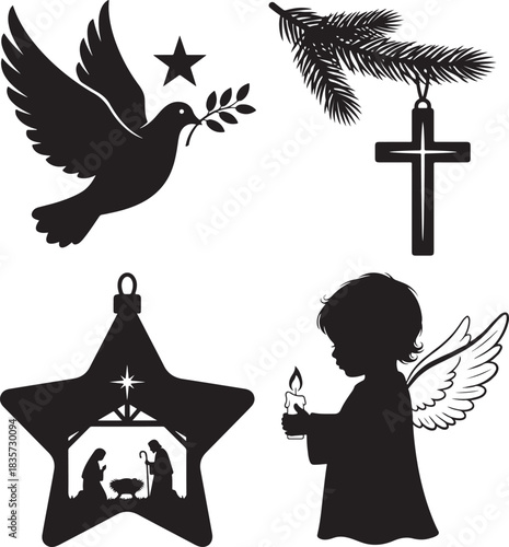 Silhouette collage of Christmas nativity scene angel dove and cross vector illustration