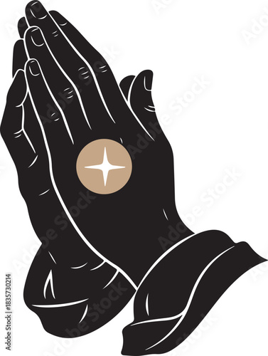 Silhouette of praying hands with a star symbol on a white background clasped together
